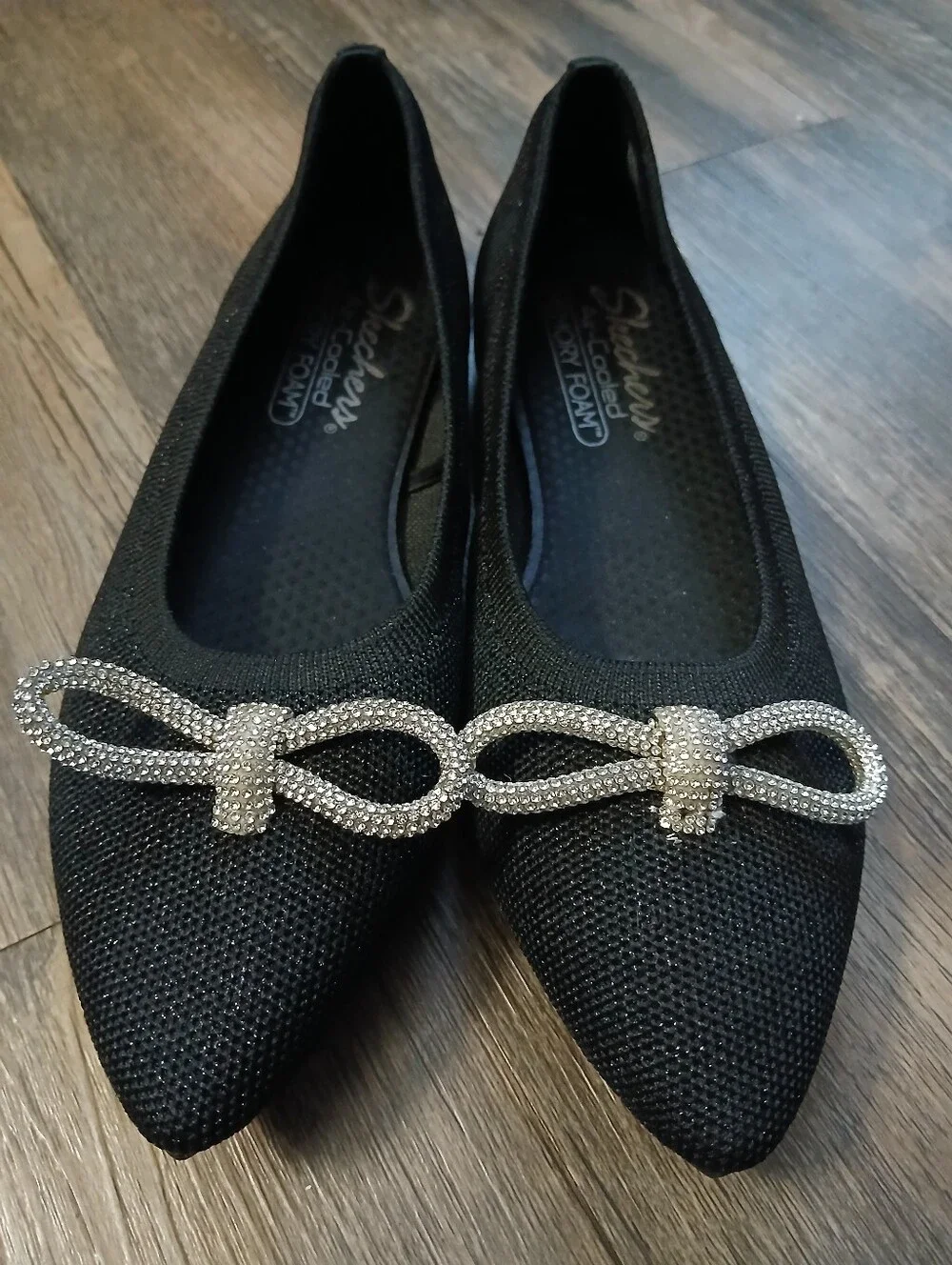 Skechers Black Pointed Toe Flats with Rhinestone Bow Accent